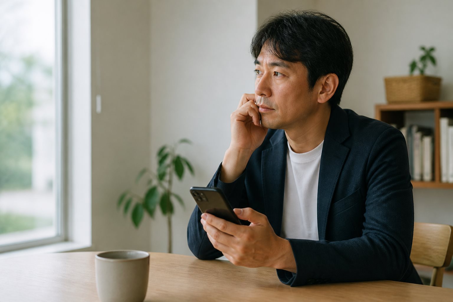 スマートフォンを手に婚活について考える40代男性のイメージ